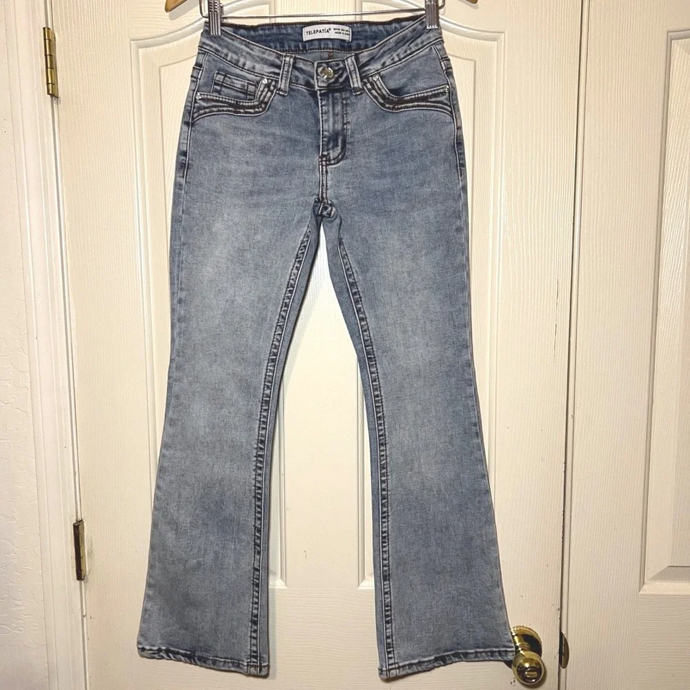 Telepatia Womens Y2K Low Rise Bootcut jeans Ed‎ Hardy Style Embroidery Sz 5/27